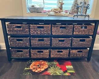 Wood cubby with wicker baskets