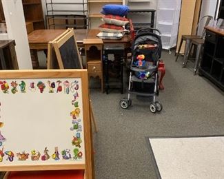 Kids chalk and white boards, Preggo stroller, small tables, burlap screen, Ikea rolling storage, wood shelving, all styles, vintage table.