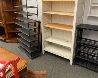 Vintage off white cabinet, shoe rack, bulletin boards,wine shelf, small wall shelf. (red bench is sold)