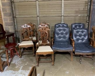  Piano stool, vintage dining chairs, deep blue leather office chairs (3 arm chairs, 1 executive rolling chair), 
