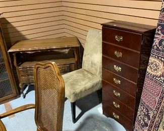 Chest and one of 2 side chairs. (Thomasville French Provencial rolling 4 draw server-sold).