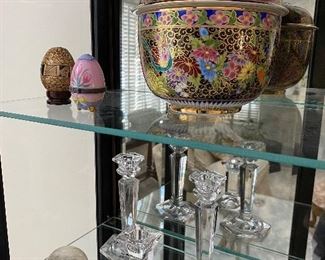 Asian lidded bowl; decorative eggs; Villeroy & Boch candlestick (front); alabaster paperweight.