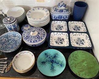 Excellent selection of pottery, dinnerware, etc., including enameled copper plates, Limoges, Delf, Asian pottery and more.