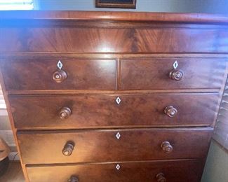Stunning Antique Mahogany Scottish Large Chest w/ Mother of Pearl/Bone Topped Pulls/Escutcheons
