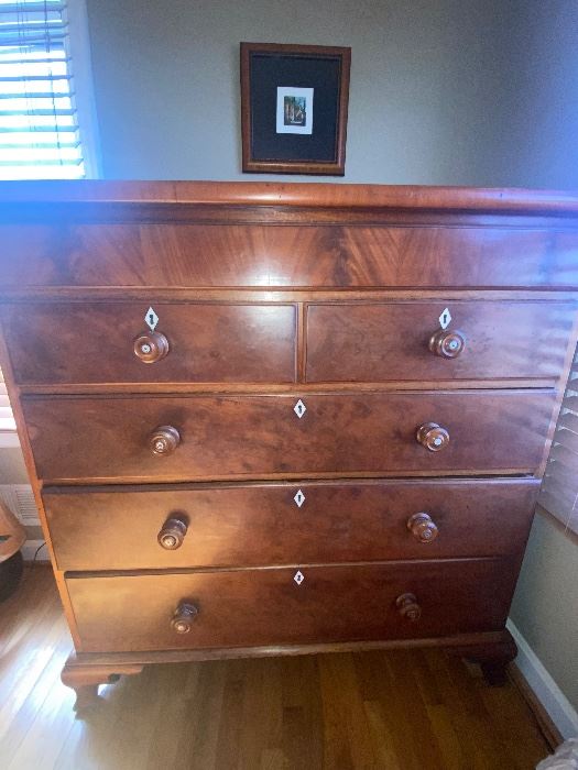Stunning Antique Mahogany Scottish Large Chest w/ Mother of Pearl/Bone Topped Pulls/Escutcheons