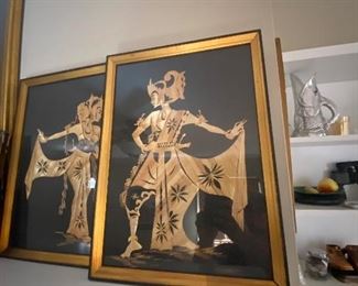 Pair of Vintage Framed Rice Straw Marquetry Wall Art Asian