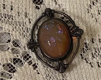 Antique Sterling Opalescent Glass Brooch