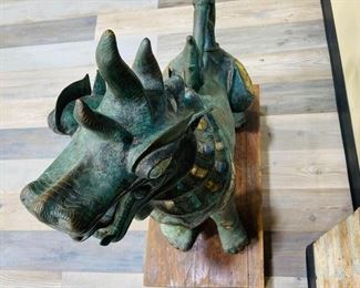 $7199 Pair of Antique Bronze Thai Foo Dog Statues Jade Amethyst Rose Quartz For inquiries about the listing or if you are selling your gold or silver, please text or call 7032689529 or visit the Tysons Jewelry Store at 8373 Leesburg Pike #12, Vienna Virginia 22182 This pair of antique 20th century 1900 bronze life size Tony Duquette style Thai foo dog statues encrusted with jade amethyst rose quartz on the ears, neck, chest and legs shown are available for local pickup.
Statue Dimensions:
Height: 35 in (88.9 cm)
Width: 28 in (71.12 cm)
Depth: 12 in (30.48 cm)
Wood Pedestal Dimensions:
Height: 8.5 in (21.59)
Width 13.5 in (34.29)
Depth 12 in (30.48 cm)