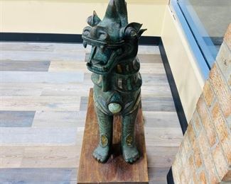 $7199 Pair of Antique Bronze Thai Foo Dog Statues Jade Amethyst Rose Quartz For inquiries about the listing or if you are selling your gold or silver, please text or call 7032689529 or visit the Tysons Jewelry Store at 8373 Leesburg Pike #12, Vienna Virginia 22182 This pair of antique 20th century 1900 bronze life size Tony Duquette style Thai foo dog statues encrusted with jade amethyst rose quartz on the ears, neck, chest and legs shown are available for local pickup.
Statue Dimensions:
Height: 35 in (88.9 cm)
Width: 28 in (71.12 cm)
Depth: 12 in (30.48 cm)
Wood Pedestal Dimensions:
Height: 8.5 in (21.59)
Width 13.5 in (34.29)
Depth 12 in (30.48 cm)