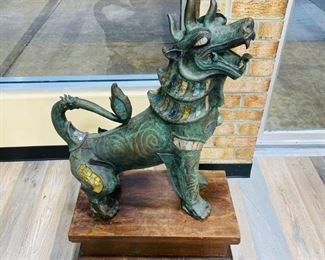 $7199 Pair of Antique Bronze Thai Foo Dog Statues Jade Amethyst Rose Quartz For inquiries about the listing or if you are selling your gold or silver, please text or call 7032689529 or visit the Tysons Jewelry Store at 8373 Leesburg Pike #12, Vienna Virginia 22182 This pair of antique 20th century 1900 bronze life size Tony Duquette style Thai foo dog statues encrusted with jade amethyst rose quartz on the ears, neck, chest and legs shown are available for local pickup.
Statue Dimensions:
Height: 35 in (88.9 cm)
Width: 28 in (71.12 cm)
Depth: 12 in (30.48 cm)
Wood Pedestal Dimensions:
Height: 8.5 in (21.59)
Width 13.5 in (34.29)
Depth 12 in (30.48 cm)