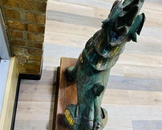 $7199 Pair of Antique Bronze Thai Foo Dog Statues Jade Amethyst Rose Quartz For inquiries about the listing or if you are selling your gold or silver, please text or call 7032689529 or visit the Tysons Jewelry Store at 8373 Leesburg Pike #12, Vienna Virginia 22182 This pair of antique 20th century 1900 bronze life size Tony Duquette style Thai foo dog statues encrusted with jade amethyst rose quartz on the ears, neck, chest and legs shown are available for local pickup.
Statue Dimensions:
Height: 35 in (88.9 cm)
Width: 28 in (71.12 cm)
Depth: 12 in (30.48 cm)
Wood Pedestal Dimensions:
Height: 8.5 in (21.59)
Width 13.5 in (34.29)
Depth 12 in (30.48 cm)