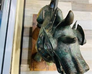 $7199 Pair of Antique Bronze Thai Foo Dog Statues Jade Amethyst Rose Quartz For inquiries about the listing or if you are selling your gold or silver, please text or call 7032689529 or visit the Tysons Jewelry Store at 8373 Leesburg Pike #12, Vienna Virginia 22182 This pair of antique 20th century 1900 bronze life size Tony Duquette style Thai foo dog statues encrusted with jade amethyst rose quartz on the ears, neck, chest and legs shown are available for local pickup.
Statue Dimensions:
Height: 35 in (88.9 cm)
Width: 28 in (71.12 cm)
Depth: 12 in (30.48 cm)
Wood Pedestal Dimensions:
Height: 8.5 in (21.59)
Width 13.5 in (34.29)
Depth 12 in (30.48 cm)