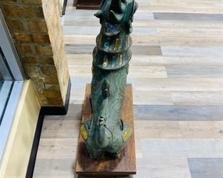 $7199 Pair of Antique Bronze Thai Foo Dog Statues Jade Amethyst Rose Quartz For inquiries about the listing or if you are selling your gold or silver, please text or call 7032689529 or visit the Tysons Jewelry Store at 8373 Leesburg Pike #12, Vienna Virginia 22182 This pair of antique 20th century 1900 bronze life size Tony Duquette style Thai foo dog statues encrusted with jade amethyst rose quartz on the ears, neck, chest and legs shown are available for local pickup.
Statue Dimensions:
Height: 35 in (88.9 cm)
Width: 28 in (71.12 cm)
Depth: 12 in (30.48 cm)
Wood Pedestal Dimensions:
Height: 8.5 in (21.59)
Width 13.5 in (34.29)
Depth 12 in (30.48 cm)