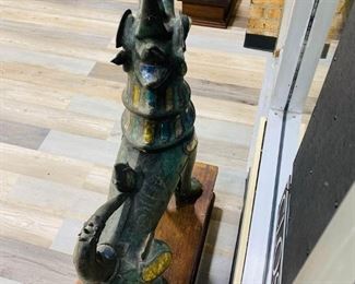 $7199 Pair of Antique Bronze Thai Foo Dog Statues Jade Amethyst Rose Quartz For inquiries about the listing or if you are selling your gold or silver, please text or call 7032689529 or visit the Tysons Jewelry Store at 8373 Leesburg Pike #12, Vienna Virginia 22182 This pair of antique 20th century 1900 bronze life size Tony Duquette style Thai foo dog statues encrusted with jade amethyst rose quartz on the ears, neck, chest and legs shown are available for local pickup.
Statue Dimensions:
Height: 35 in (88.9 cm)
Width: 28 in (71.12 cm)
Depth: 12 in (30.48 cm)
Wood Pedestal Dimensions:
Height: 8.5 in (21.59)
Width 13.5 in (34.29)
Depth 12 in (30.48 cm)