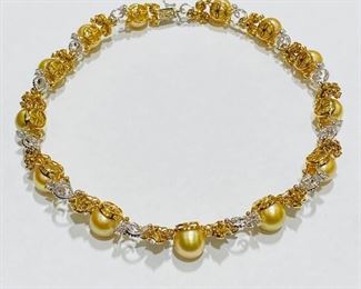 $9500 All Real Authentic Two Tone 18K Yellow White Gold 100 Grams 5 Carat SIG Color CI Quality Diamonds 13 Piece 13mm Genuine South Sea Golden Pearls Necklace For inquiries about the listing or if you are selling your gold or silver, please text or call 7032689529 or visit the Tysons Jewelry Store at 8373 Leesburg Pike #12, Vienna Virginia 22182