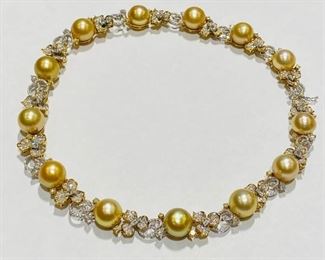 $9500 All Real Authentic Two Tone 18K Yellow White Gold 100 Grams 5 Carat SIG Color CI Quality Diamonds 13 Piece 13mm Genuine South Sea Golden Pearls Necklace For inquiries about the listing or if you are selling your gold or silver, please text or call 7032689529 or visit the Tysons Jewelry Store at 8373 Leesburg Pike #12, Vienna Virginia 22182