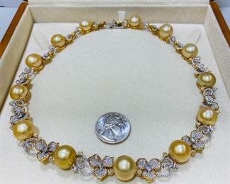 $9500 All Real Authentic Two Tone 18K Yellow White Gold 100 Grams 5 Carat SIG Color CI Quality Diamonds 13 Piece 13mm Genuine South Sea Golden Pearls Necklace For inquiries about the listing or if you are selling your gold or silver, please text or call 7032689529 or visit the Tysons Jewelry Store at 8373 Leesburg Pike #12, Vienna Virginia 22182