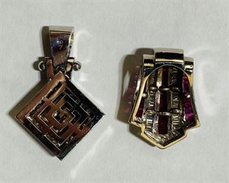 $2640 All Real Authentic 18K White Gold 1 Carat Diamond Ruby Pendants 14K White Gold Necklace Chain These are available as a set for the listing price or individually. The chain is $840. Each pendant is $900. The square pendant is 12 Grams. The rectangle pendant is 9.5 Grams. For inquiries about the listing or if you are selling your gold or silver, please text or call 7032689529 or visit the Tysons Jewelry Store at 8373 Leesburg Pike #12, Vienna Virginia 22182