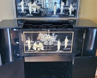 Vintage Chinese Lacquered and Hand Carved Hardstone Bar