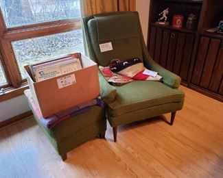 MCM archair and ottoman in green tweed fabric