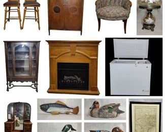 Vintage Sideboard with Mirror, Wood Carved Mallard Decoys, Channel Back Wing Back Chair, Vintage Vanity, Wooden Barrister Bookcase, FoodSaver Vacuum Sealing System, Century Heating Electric Fireplace, GE Free Standing Freezer, Quilts, Etc. 