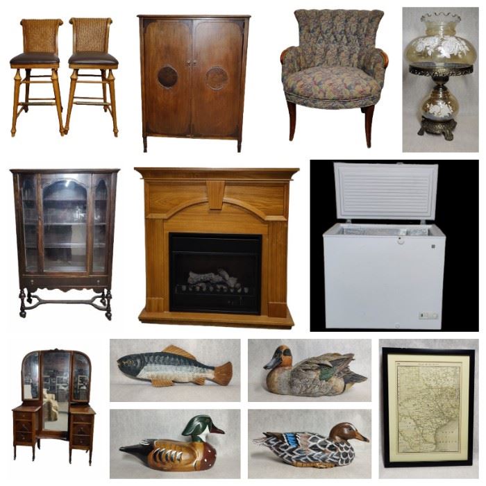 Vintage Sideboard with Mirror, Wood Carved Mallard Decoys, Channel Back Wing Back Chair, Vintage Vanity, Wooden Barrister Bookcase, FoodSaver Vacuum Sealing System, Century Heating Electric Fireplace, GE Free Standing Freezer, Quilts, Etc. 