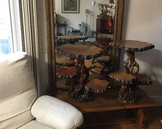 Biomorphic wooden lacquer plant stand tables. 