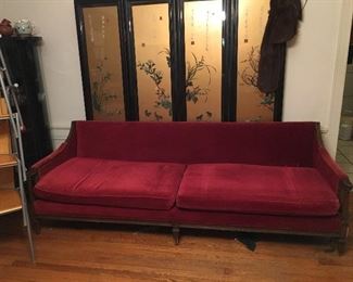 Vintage red velvet sofa. Vintage Oriental screen. 