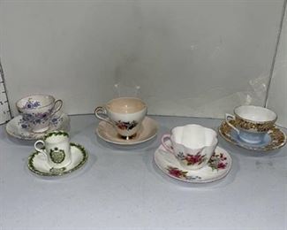 Shelley, Adderlry and other bone china cups and saucers (5 sets)