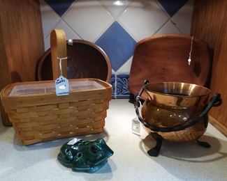 Longaberger Basket with insert, Copper kettle, Wooden dough bowls