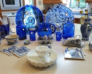 Westmoreland "Grapes" 2 piece Dip & Chip, Wood & Son Cheese Keeper, Delft Tiles, Cobalt blue glassware, etc