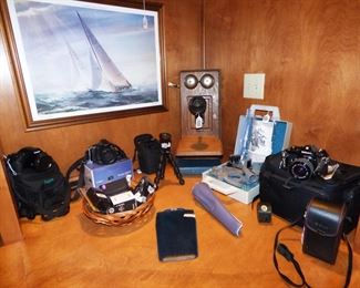 Vintage Cameras, Digital Cameras, Antique Oak Wall Phone (as is), etc