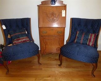 Antique Oak Drop Front Secretary, French Provencial boudoir Chairs