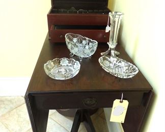 Drop Side Mahogany table, Brilliant Cut Glass Bowls