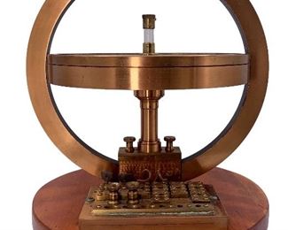 c1884 Steampunk Laboratory brass & wood galvanometer, etched glass numerals & writing 