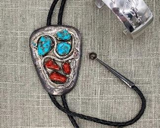 Zuni Sterling silver, Coral & Turquoise signed Snake Bolo, Signed Native American Indian Sterling Cuff Bracelet 