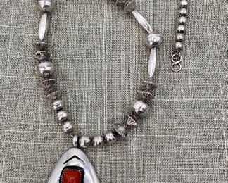 Old Indian Pawn bench bead,  badger paw, turquoise & coral necklace 