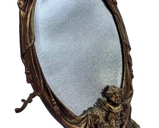 Antique Victorian cherub travel dressing mirror, beveled glass