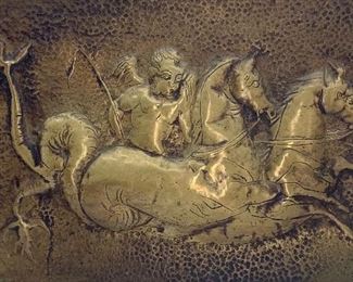Antique Brass Repousse Mythical Cherub & Dragon Tail Stallion Wall Relief 