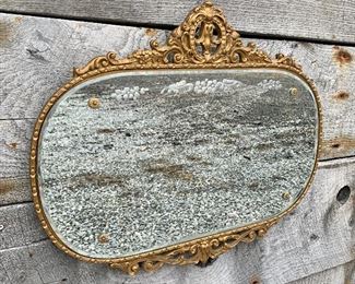 Antique Gilt Gesso & Wood Etched Looking Glass