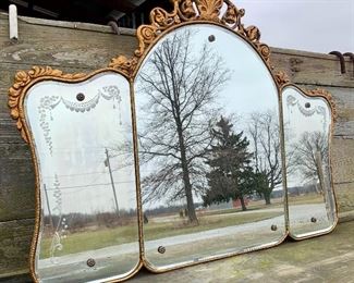 Ornate 3 panel gilt gesso and Wood beveled edge, etched glass, Buffet, Mantel, Mirror 