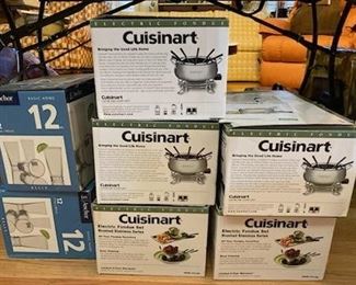 Anchor Hocking glassware in box; new Cuisinart fodue pots
