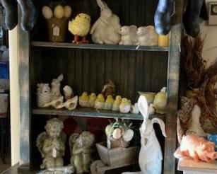 Small primitive style hutch, Easter, and Mr. & Mrs. Equestrian Christmas Foxes by Hanford