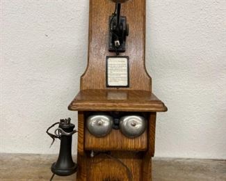 early WE oak telephone fiddleback with early bracket arm