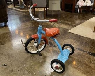 Vintage Blue and Red Tricycle with front bumper rail and spring seat 