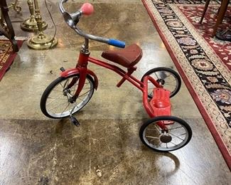 Vintage Red Tricycle with Shanghai, China mounted on a name plate on the back of the seat and horn mounted on handlebars 