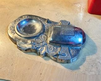 Made in Occupied Japan, c.1945-52, Ornately Embossed 10" Metal Cigarette Holder and Ashtray