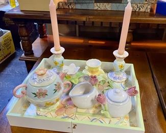 AVON CHINA Teapot, Sugar Bowl, Creamer, Candlesticks and Folding Tray