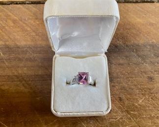 Faceted Pink and Crystal Costume Jewelry Silver Toned Dinner Ring, Size 6-1/2