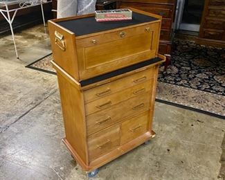 CASTLECREEK (Amazon) 2-PIECE (sold separately) Wooden Collectors or Jewelry Cabinet, with 10-Black Felt-Lined, Different-Sized Drawers, Solid Brass Corner Tabs and Hardware, and Rolls easily on the Large Casters. Great piece of furniture for collectors, jewelers, homeowners, dealers, etc. Overall measurements are: H-37.5" x L-23" x W-13.5"